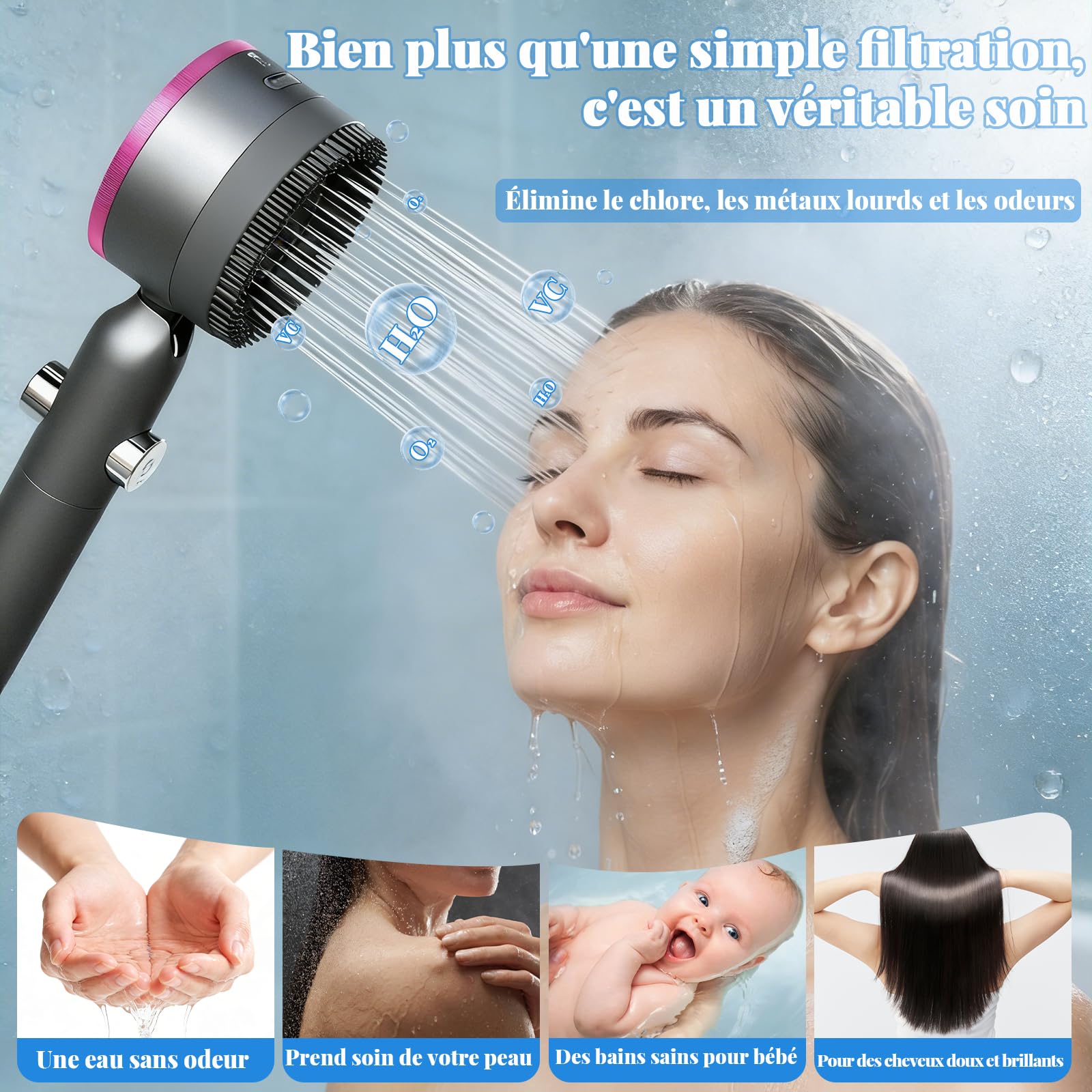 Pommeau de Douche Haute Pression Anti Calcaire,Pommeau de Douche Filtrant Economie d’Eau avec Tuyau 1,5M et Support,4 Modes de Jets Poire de Douche avec Bouton Pause high pressure shower head