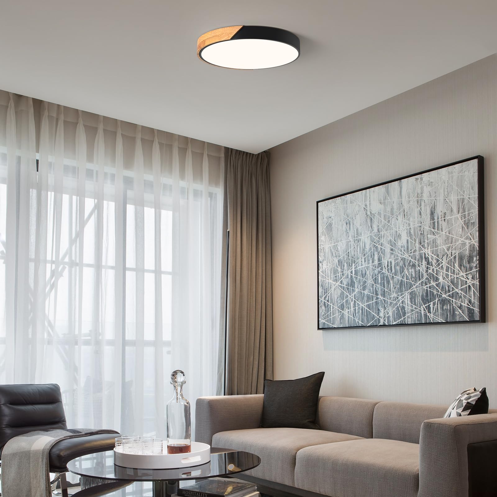 LED Deckenleuchte,Deckenlampe 40cm Runde Holz,Moderne Lampe Schwarz Deckenlampe,36W 4000K deckenleuchten,für Wohnzimmer, Schlafzimmer, Büro,Küche,Flur, Kinderzimmer