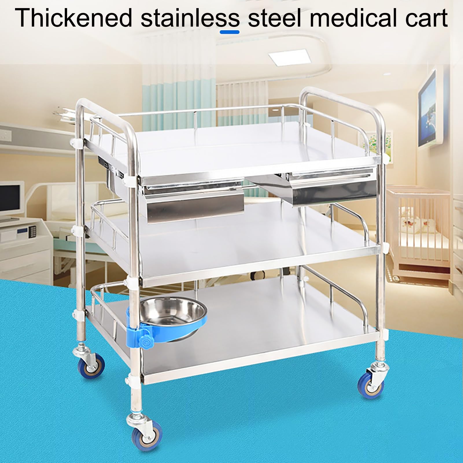 Mesa de trabajo móvil de acero inoxidable con ruedas, carrito de acero inoxidable con dos cajones, carrito móvil para laboratorio clínico, para laboratorio, hospital, consultorio dental, salón de be