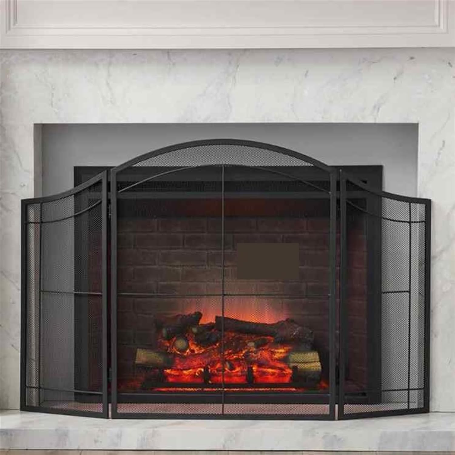 Fireplace screen European Style Iron Black Household Flame Fireplace Screen Partition With Three Folding Mesh, Protective Fence Screen Indoor Fireplace Screen