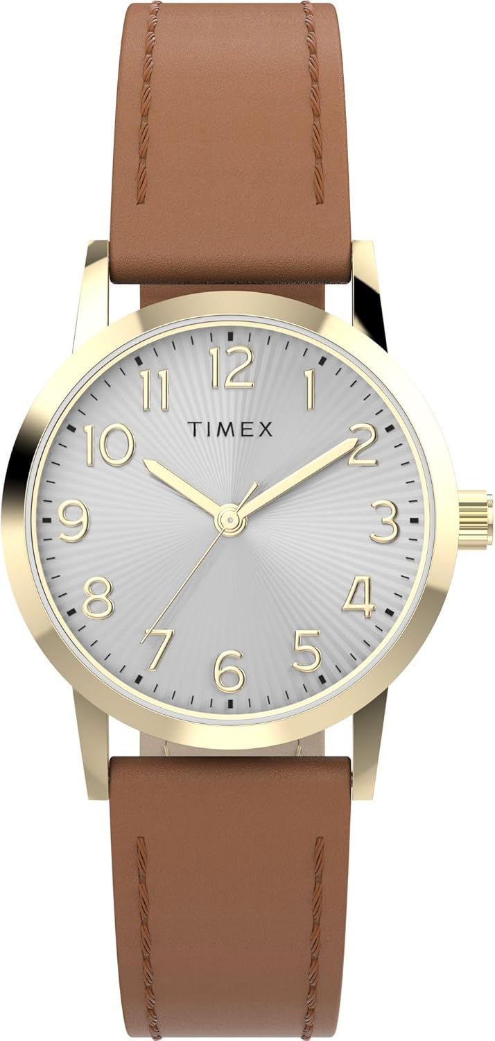 Timex Women’s Main Street 30mm Watch – Brown Strap Silver-Tone Dial Gold-Tone Case