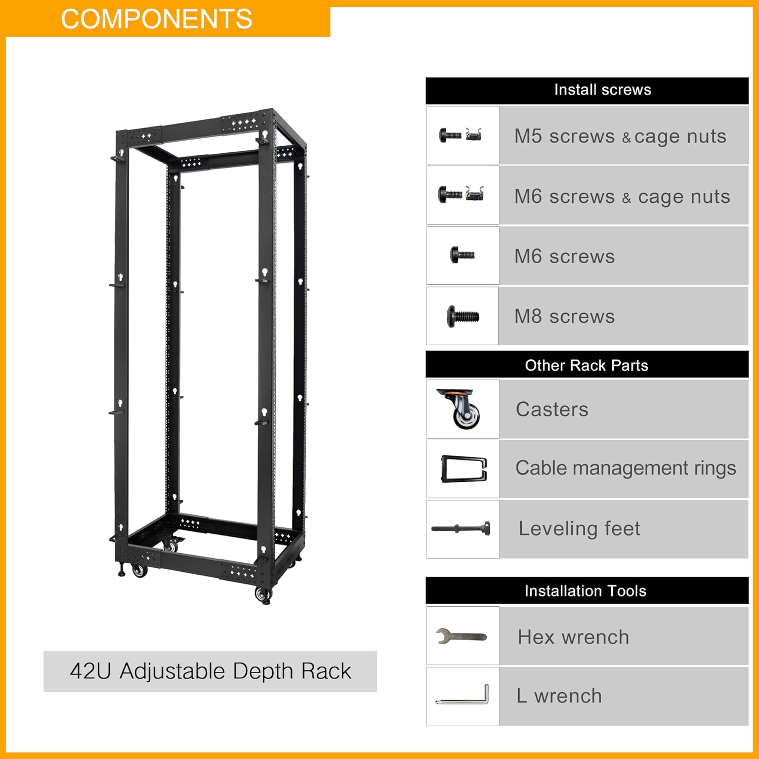 RIVECO 19” Adjustable Depth 42U Server Rack 4 Post Rack with Load-Bearing Casters Support Up to 1700LBS for Networking Equipment Black