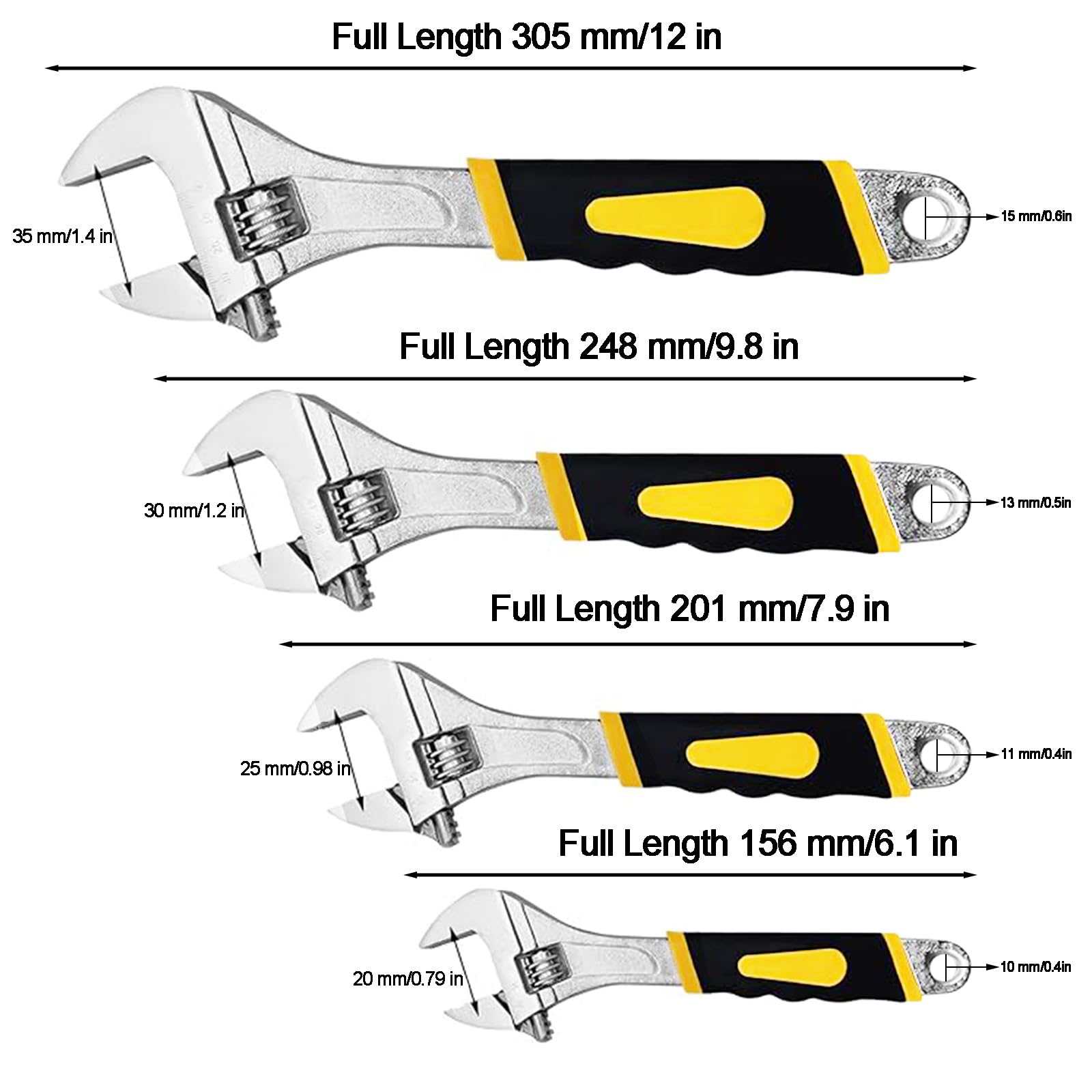4Pcs Soft-Grip Adjustable Wrench, Carbon Steel Spanner Set Laser Millimetre Scale Adjustable Spanner Set (6in/8in/10in/12in) - Image 2