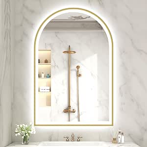 S'bagno 24x36 Arched Gold LED Bathroom Mirror with Frontlit & Backlit, Anti-Fog, Dimmable, 3 Color Temperatures