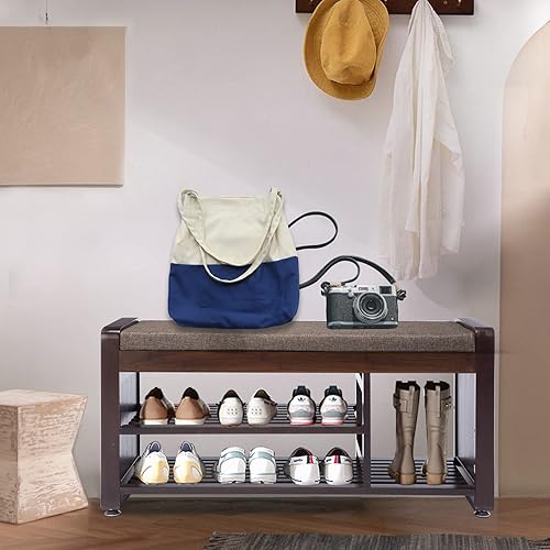 Miniatura 2 de Banco de zapatos de bambú con 3 ganchos laterales, cojín gris extraíble, almacenamiento de zapatos de entrada de 2 niveles, 37.4 x 11.4 x 19.3