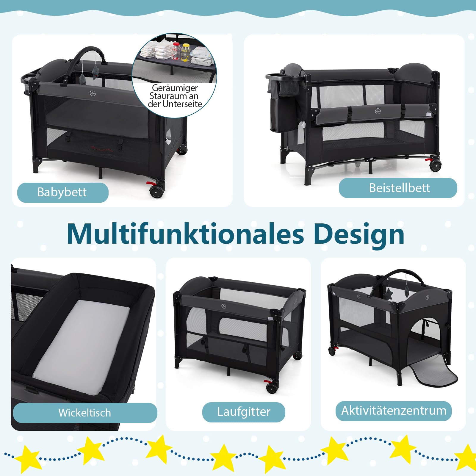 COSTWAY 5 in 1 Beistellbett, Reisebett Baby mit Matratze, Babybett höhenverstellbar mit Wickelauflage, Mosktionetz & Spielbogen, Stubenwagen mit Rollen & Tragetasche für bis 36 Monaten, Schwarz