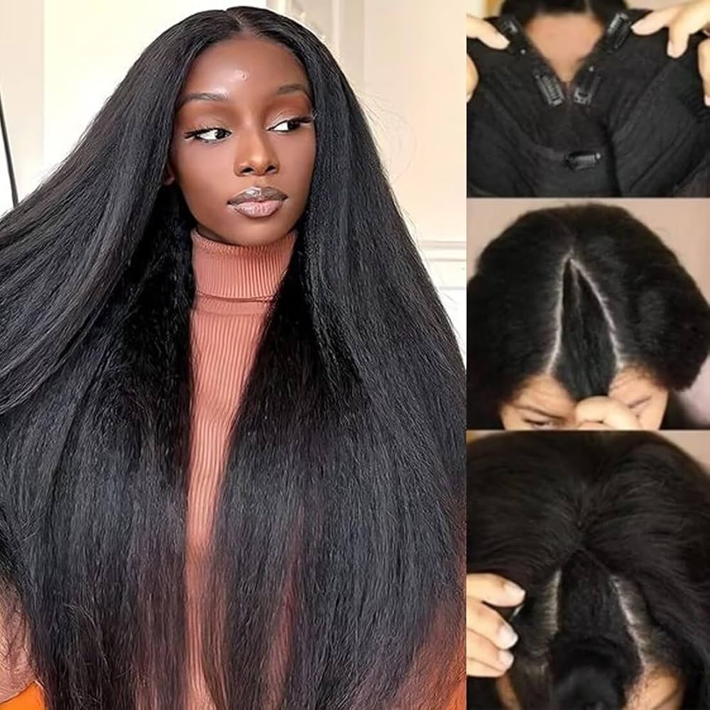 V Part Wigs for Women Human Hair, 20 Inch Kinky Straight Glueless Wig 100%  Brazilian Real Hair Wigs For Women Human Hair 180 Density NO Lace Black Wig  for Beginner Friendly. :