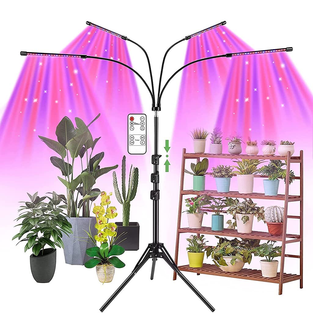 4 Teste Lampada da Pavimento a Spettro Completo,LED Grow Light con Treppiede Regolabile,Accensione/spegnimento Automatico,4/8/12H Timer,3 modalità di Commutazione