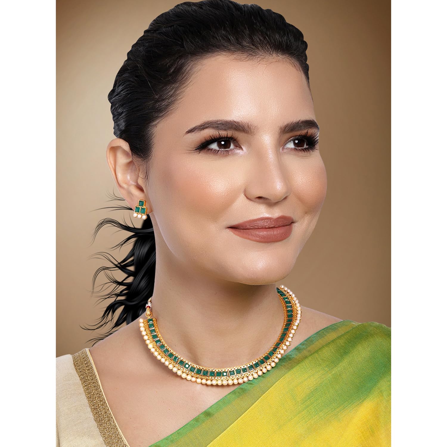 Aheli Gargantilla de perlas Kundan de imitación étnica para novia, juego de joyas tradicionales indias de Bollywood con aretes para mujeres y niñas (verde)