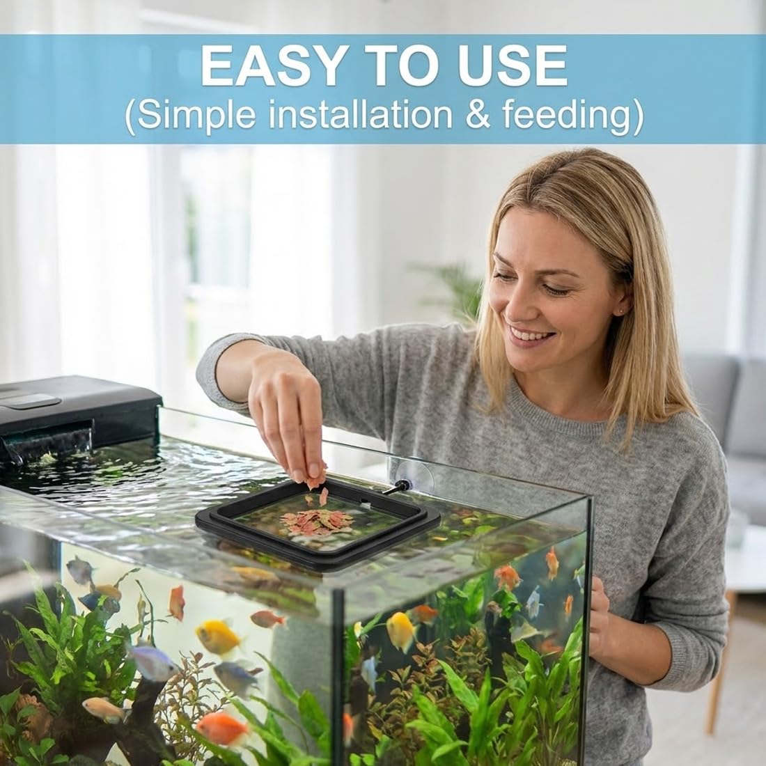 Lot de 4 anneaux de nourrissage pour aquarium – Anneaux flottants avec ventouse, ronds et carrés, support pour nourriture de poissons et plantes flottantes (Noir)
