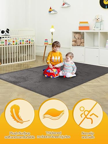 Miniatura 4 de Tapete ampliado de espuma de felpa entrelazada de 23.6 pulgadas para niños, 6 azulejos cuadrados de espuma entrelazados de 0.6 pulgadas de grosor