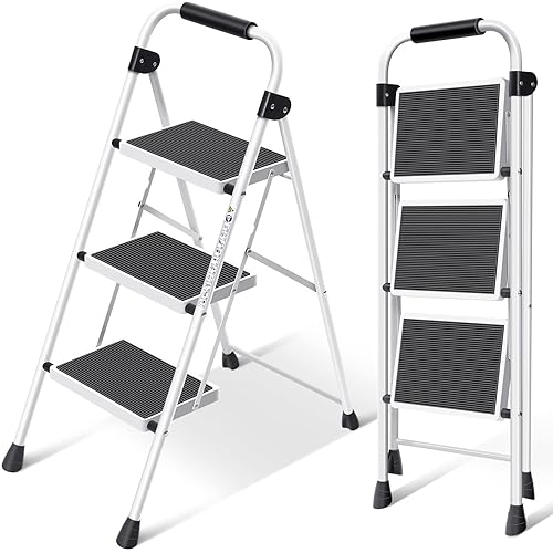 KINGRACK Step Ladder 3 Step Folding,3 Step Ladder with with Anti-Slip and Wide Pedal,Portable Foldable Step Ladder with Handgrip,Tall Sturdy Step Ladder for Home Kitchen Household,White