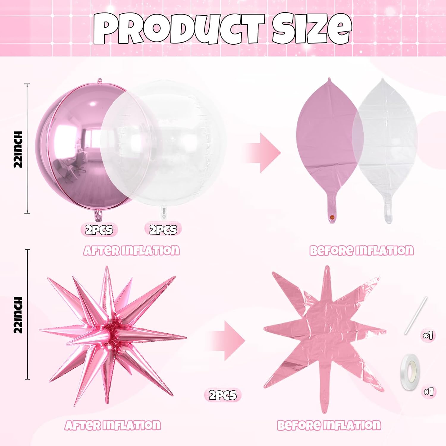 6pcs 22 inch Pink Star Balloons and 4D Large Foil Balloons, Pink Star Balloon Transparent 4D Foil Aluminum Balloon For Birthday Baby Shower Party Wedding Graduation Bridal Shower Valentine's Day Decor - Image 2