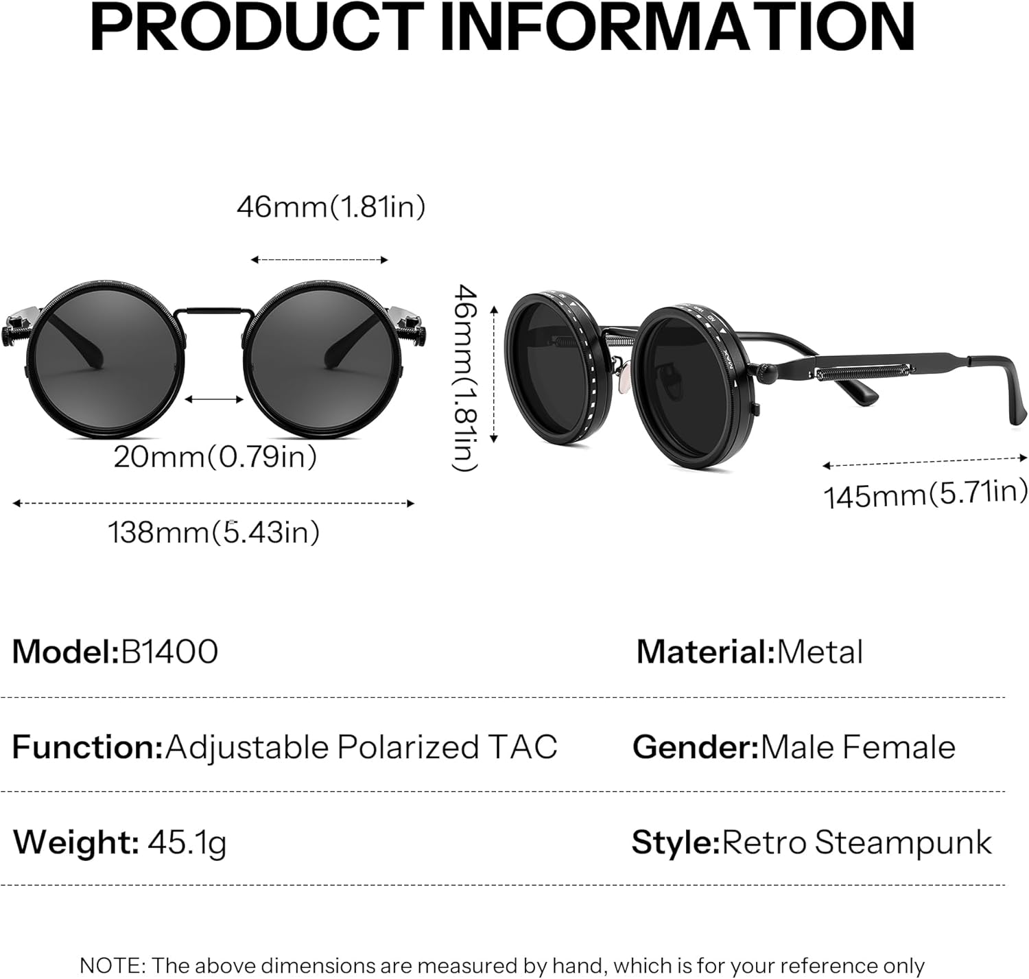 FEISEDY Adjustable Tint Sunglasses Polarized Men, 1-9 Gear Manual Dimming, Steampunk Round Metal Frame UV400 ND Filter B1400 - Image 7