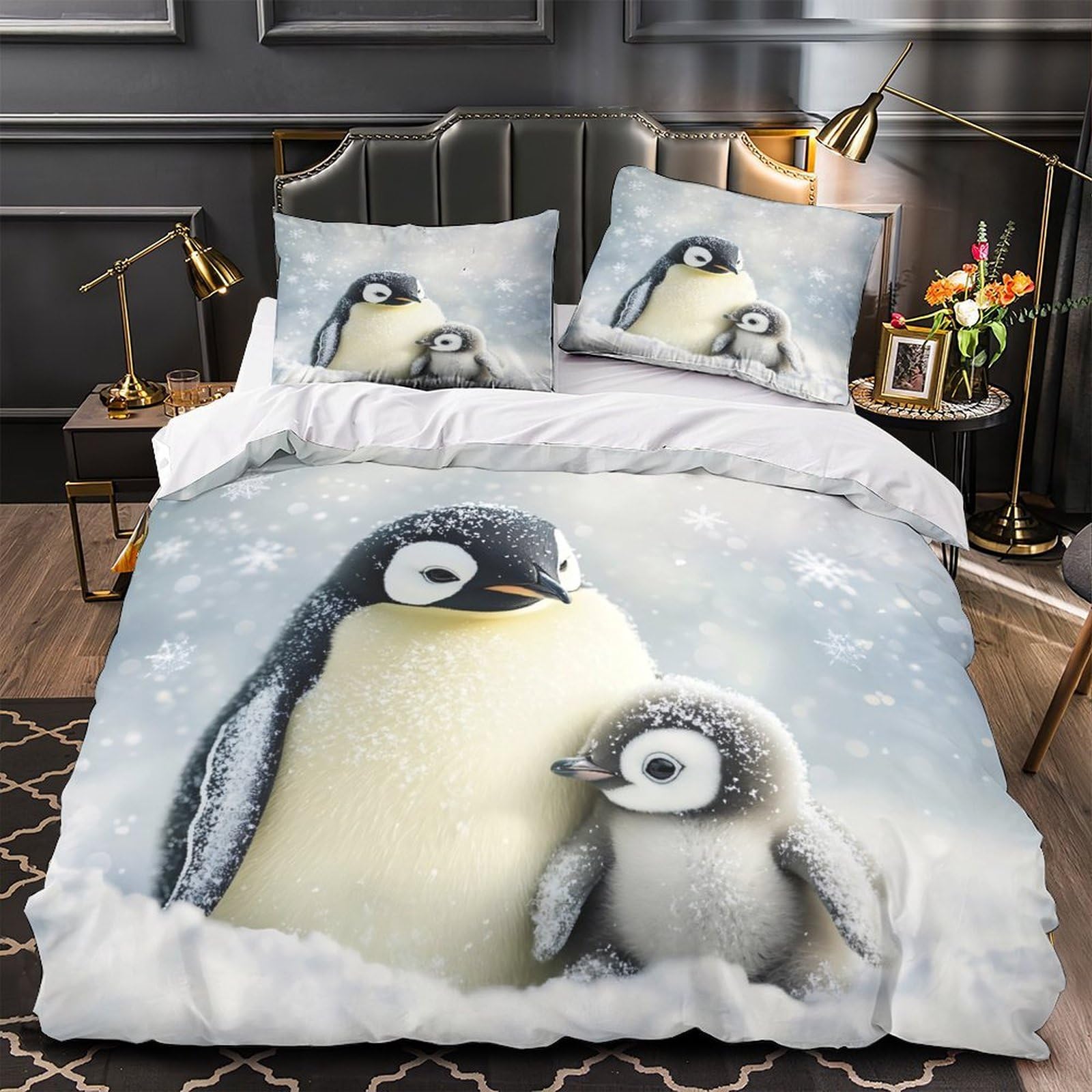 Housse de couette pingouin 135x200cm en microfibre douce avec fermeture éclair pour lit simple