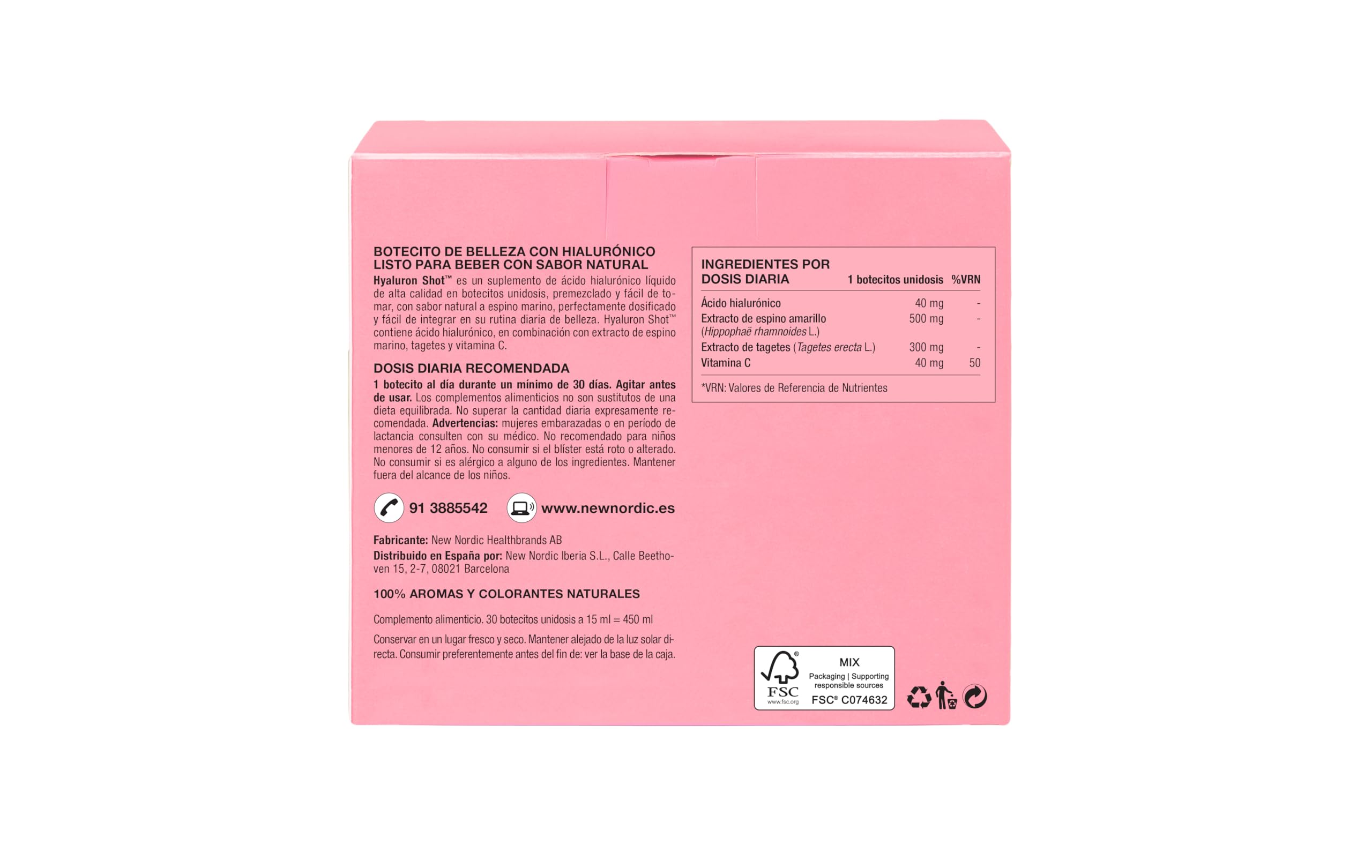 New Nordic | Hyaluron Shot | Complemento Alimenticio Líquido | Ácido Hialurónico | Espino Marino | Vitamina C | 30 Botecitos Unidosis | Para el Cuidado de la Piel