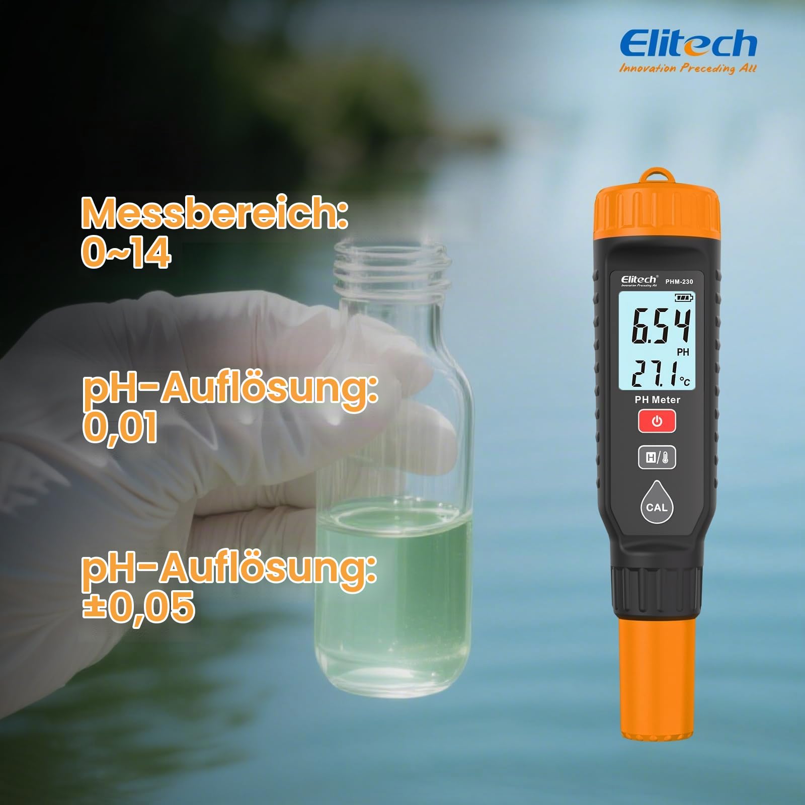 Elitech pH Messgerät mit Temperaturanzeige 0–14 pH ±0.05 Genauigkeit,pH Tester automatische Kalibrierung Hintergrundbeleuchtung mit Farbwarnung
