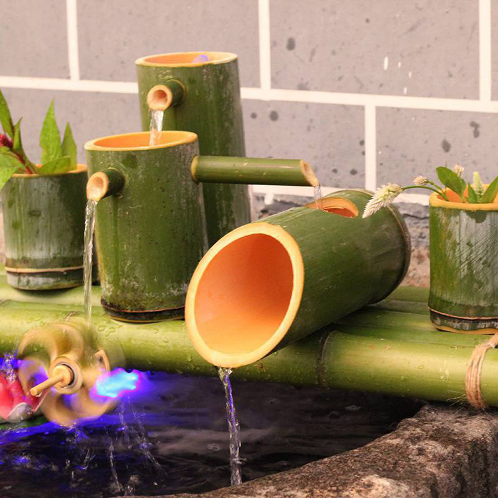 Fontana da Tavolo in bambù, Cascata Decorativa, Fontana Zen, Design Pesci e Uccelli, Acquario Decorativo, Funzione umidificante, Ruota ad Acqua, 50 cm, per Interni ed Esterni