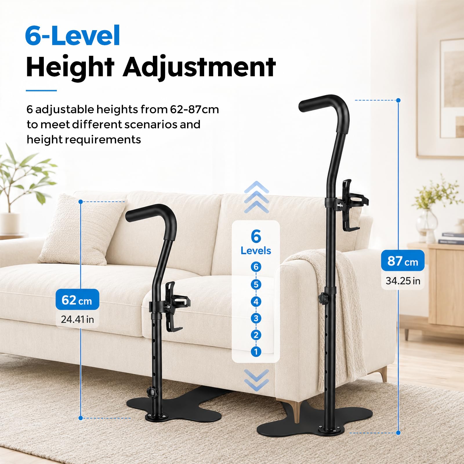 Assistance Debout pour Canapé, Aide à la Station Debout avec Porte-Gobelet & 6 Hauteurs Réglables, Capacité de 180 kg, Aide Debout pour Personnes Agées & Personnes à Mobilité Réduite