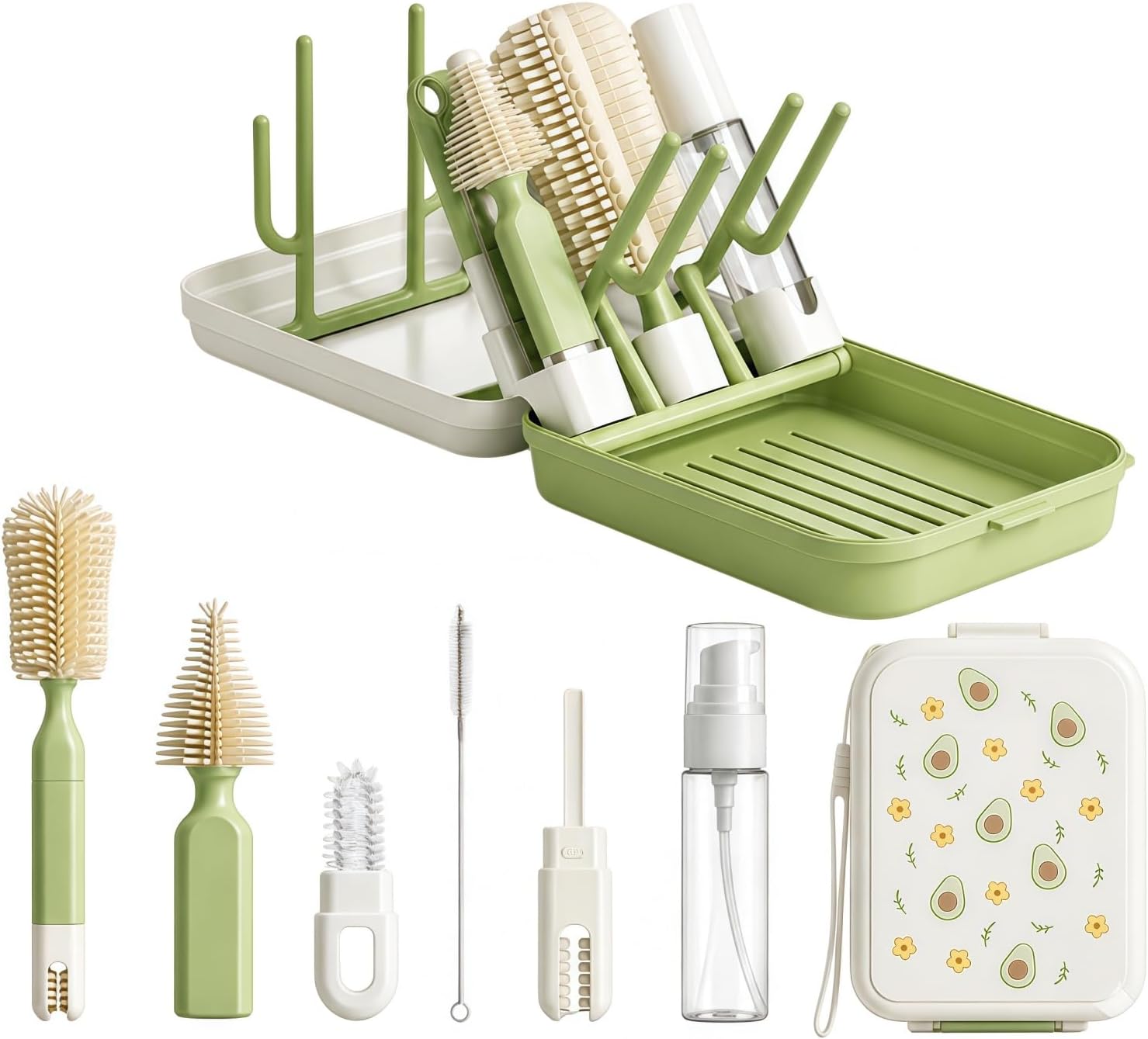 8-in-1 Baby Bottle Cleaning Kit with Drying Rack & Storage Case, Portable Silicone Bottle Brush Set for Bottles, Nipples & Straws, Travel Baby Essentials（Avocado Green）