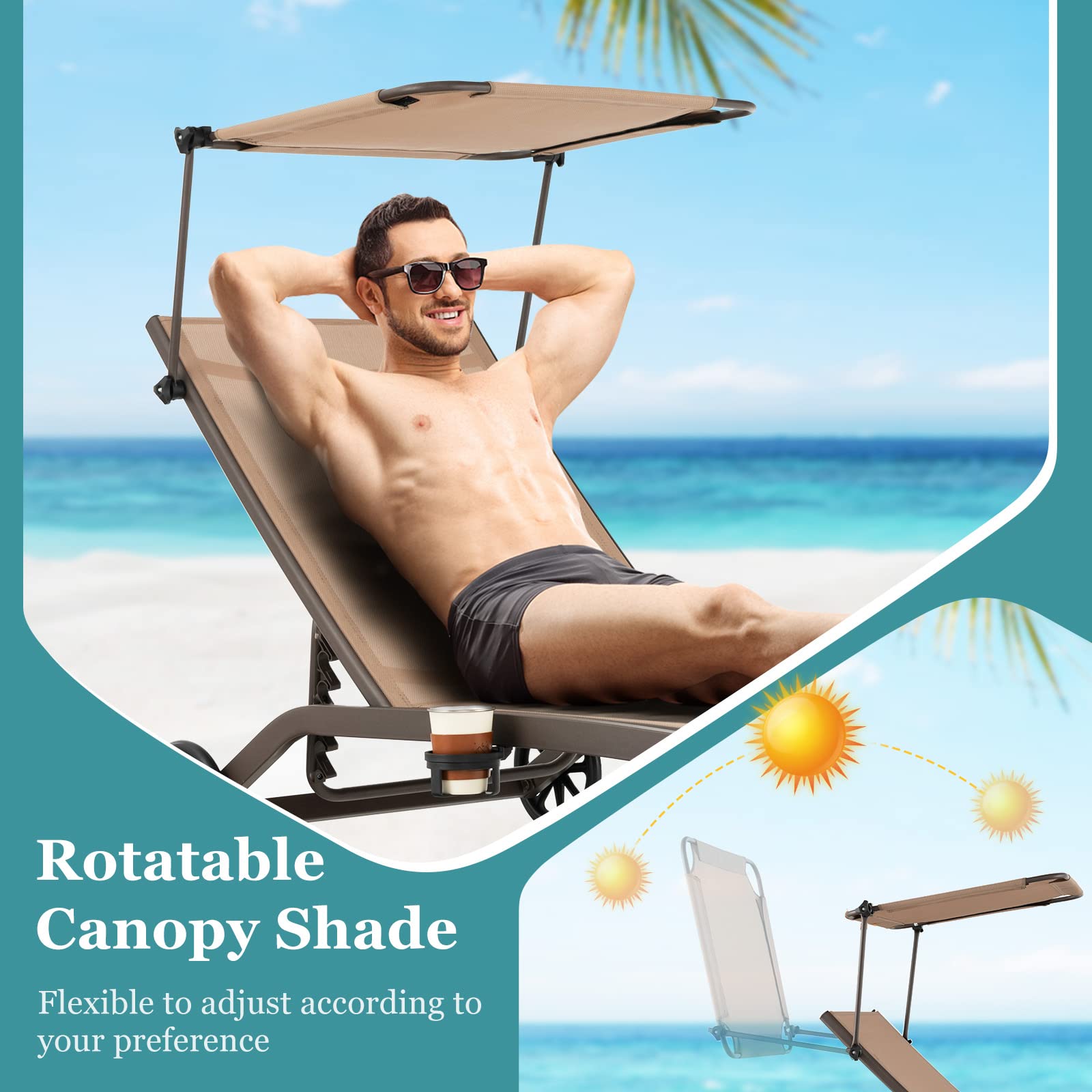 KOMFOTTEU Tumbona con Toldo de Jardín, Tumbona con Respaldo Ajustable de 6 Niveles, Silla Reclinable con Ruedas y Soporte para Bebidas, Tumbona de Playa de Tela con Carga 150 kg (Marrón x 2)