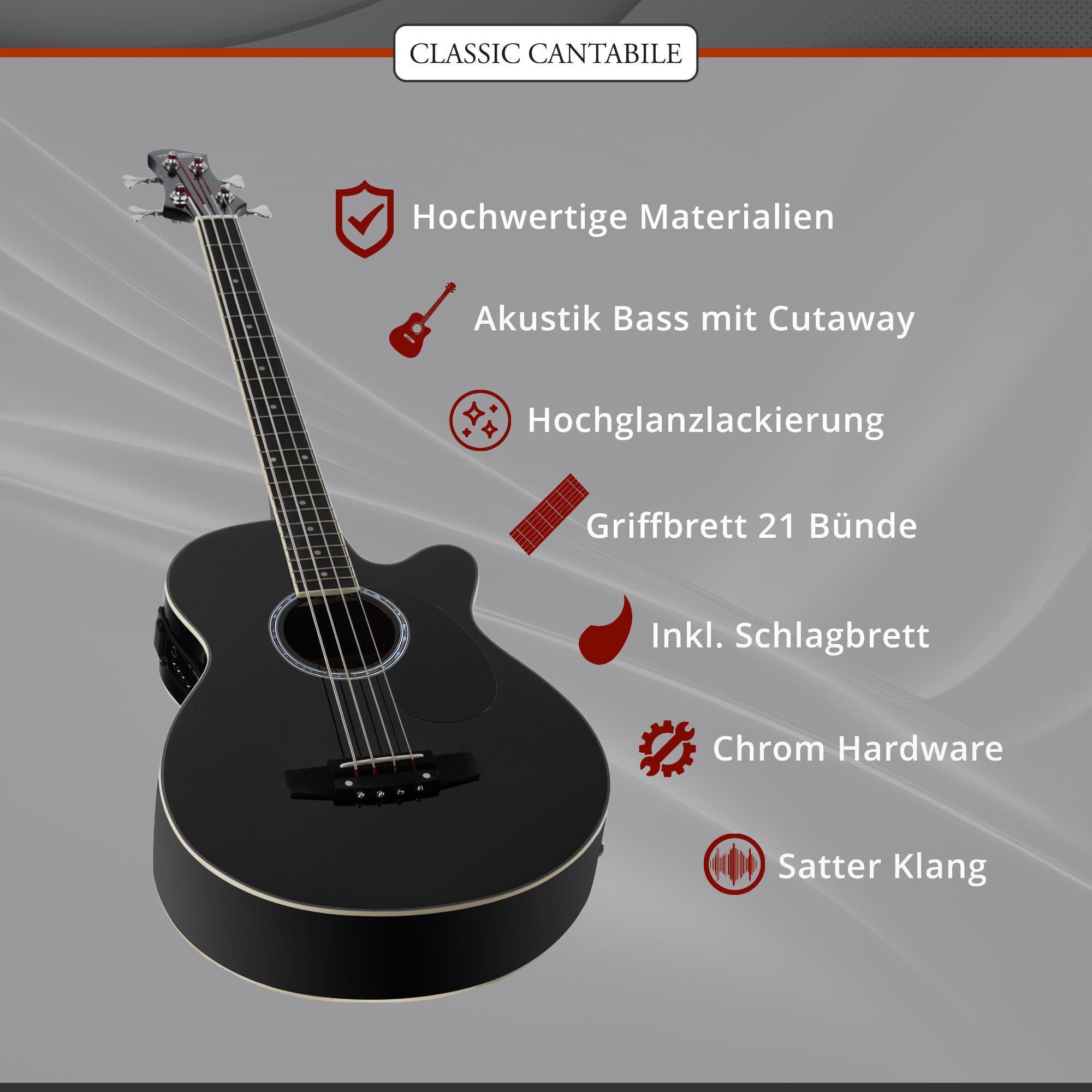 Classic Cantabile Short Scale Akustik Bass - 4 Saiten - Black Gloss Finish - Piezo Tonabnehmer & Cutaway - Decke aus Fichte - Boden & Zarge aus Okoume - Ideal für Einsteiger & Unplugged Sessions