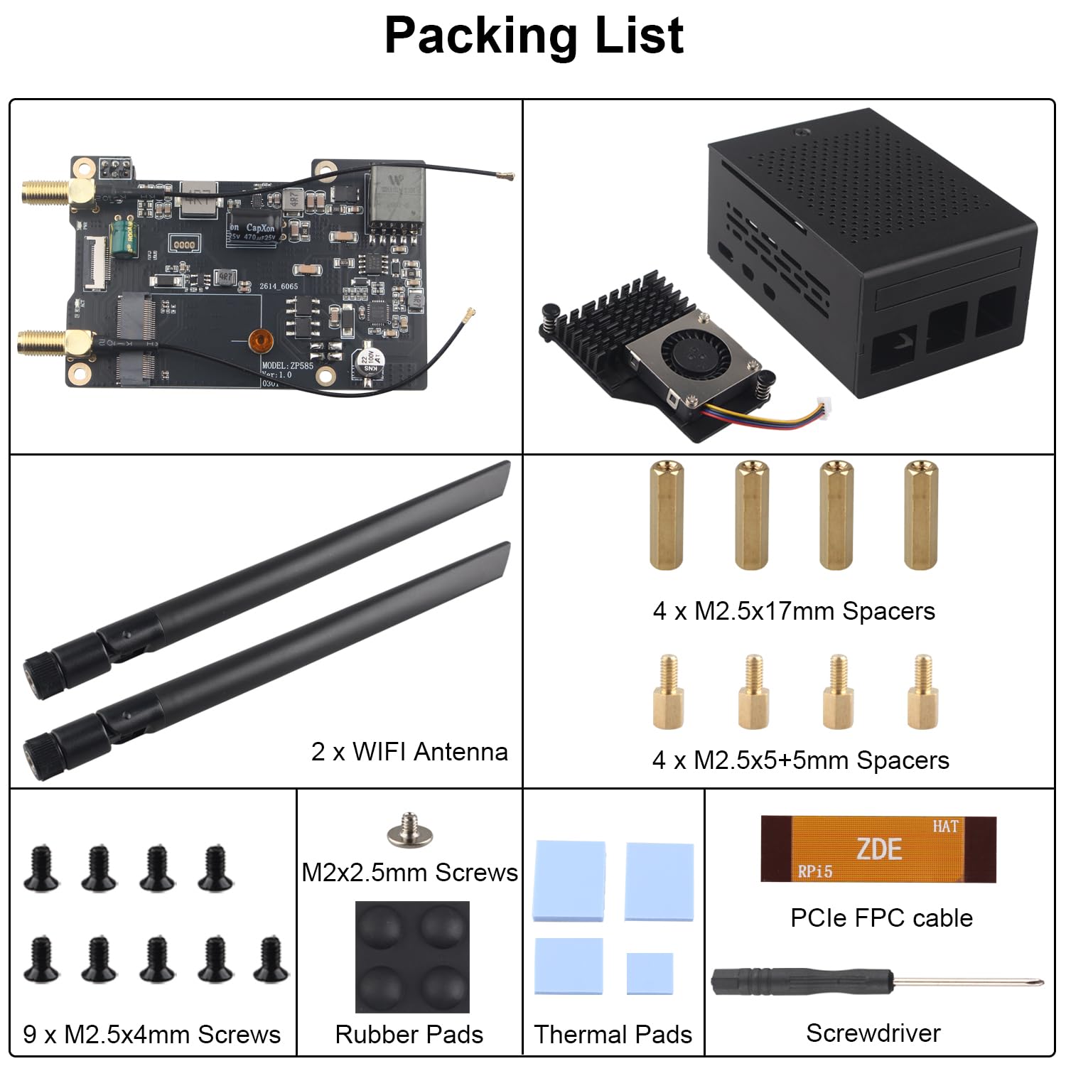 ZDE ZP585 PoE+ HAT PCIe do M.2 E Key WiFi7 6 6E 5 HAT adapter z ZC501 obudowa ze stopu aluminium ZP536 aktywna chłodziarka do Raspberry Pi 5 obsługa Google TPU WiFi 7 BE200 WIFI6E AX210 MT7922 WIFI6