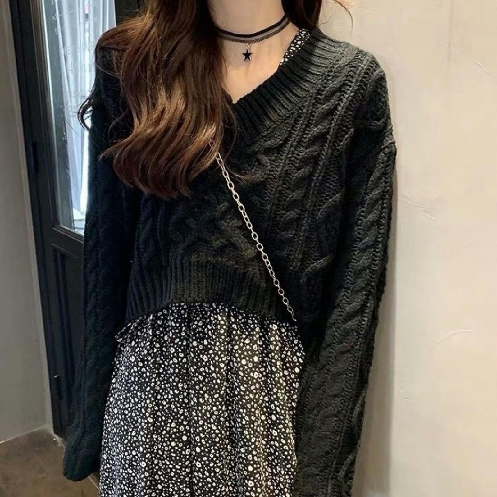 Maglione da Donna Capispalla Lavorato a Maglia Autunno e Inverno per Donna-Nero-L Consigliato 110-125 Catties