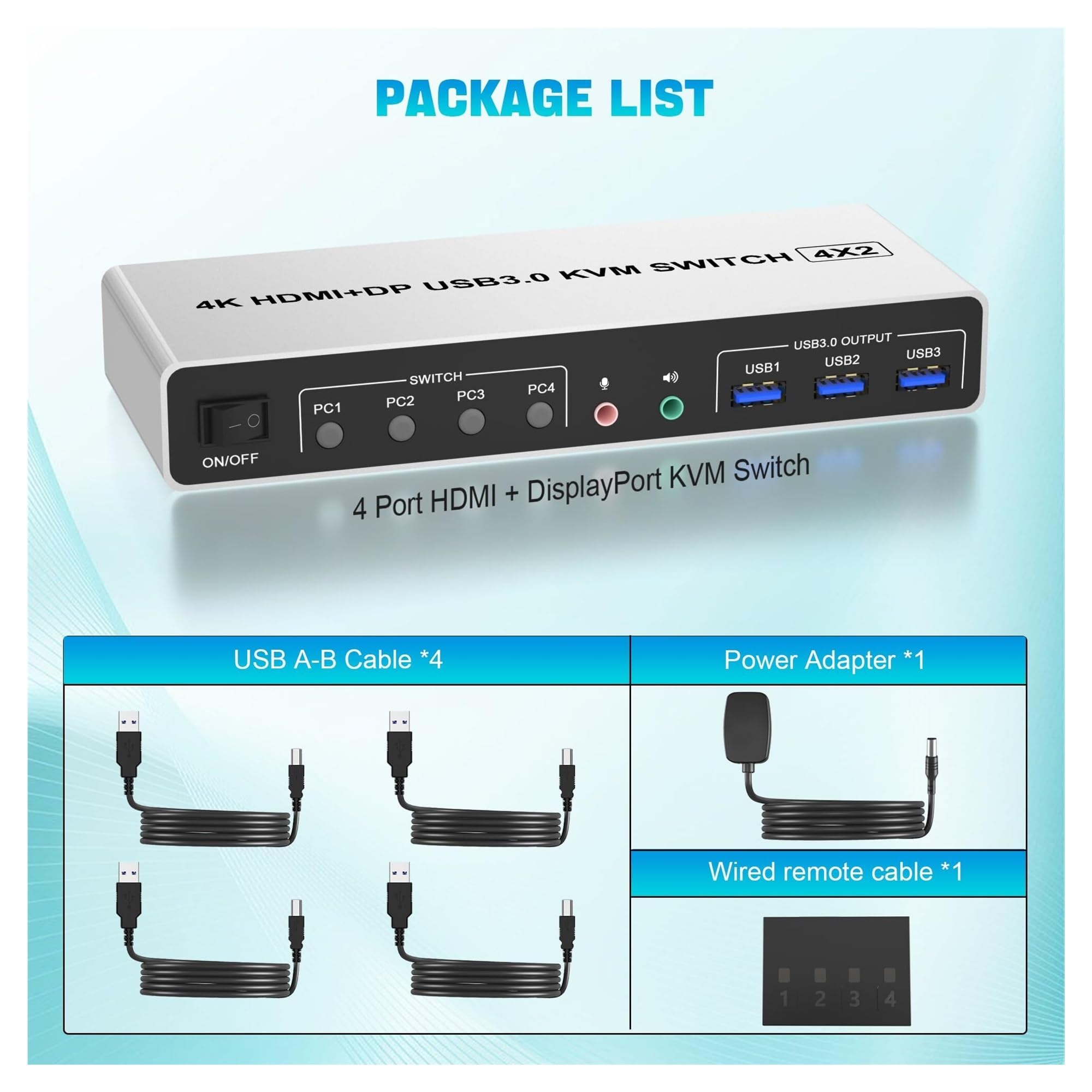 4K @ 60Hz USB 3.0 Displayport + KVM Switch 2 moniteurs 4 ordinateurs, 4 ports double moniteur + DP commutateur de moniteur for 4 PC,Commutation en douceur