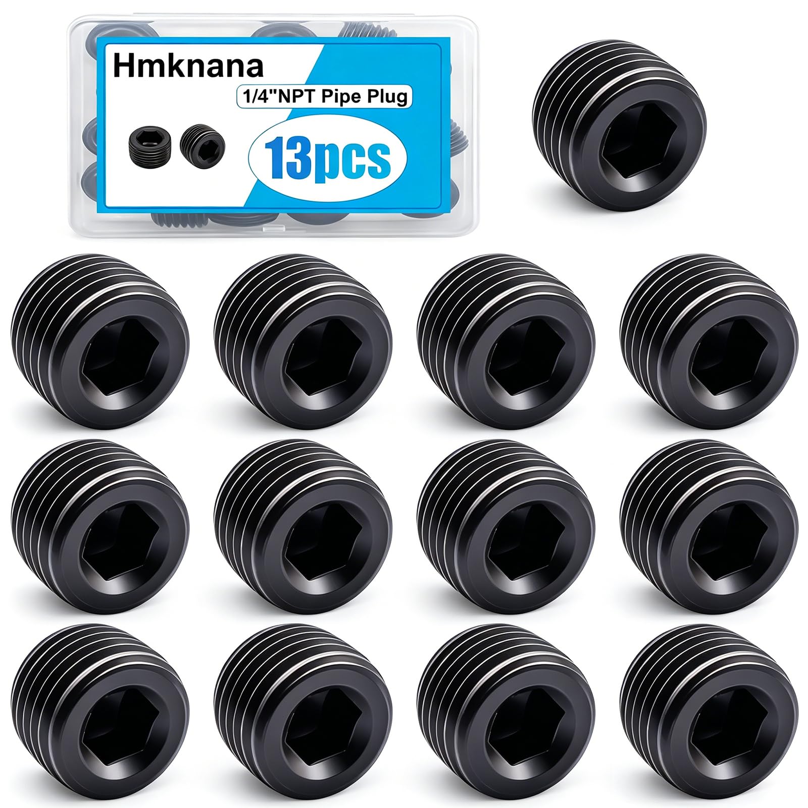 Hmknana 13PCS 1/4"NPT Male Pipe Plug Fitting Black Carbon Steel Pipe Plug Set Internal Hex Thread Socket