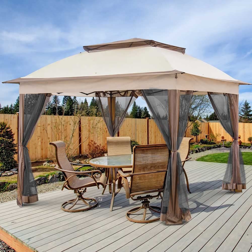 BAKAJI Gazebo 3 x 3 metri Pieghevole con Zanzariere Tessuto Poliestere Impermeabile Struttura in Metallo Richiudibile a Fisarmonica Tendone Portatile Fiera Mercato Giardino Esterno + Custodia Beige
