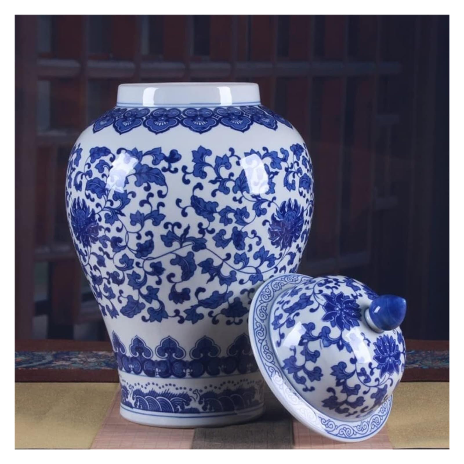 Wazon ceramiczny, niebieskie i białe słoiki na imbir z pokrywką, do dekoracji, antyczne wazony na suszone kwiaty, dekoracja stołu (23 * 42 cm) (Szary wilk 23 * 42 cm)