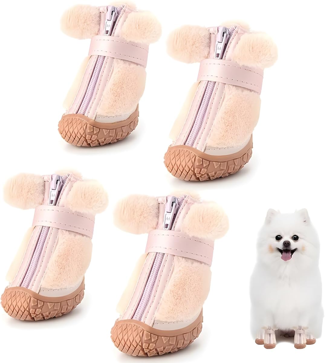 Dog Shoes for Small Dogs, Fleece Dog Boots Paw Protector for Comfort and Warmth, Dog Booties with Anti-Slip Sole for Winter Snow Hardwood Floors Walking Pink Size 1