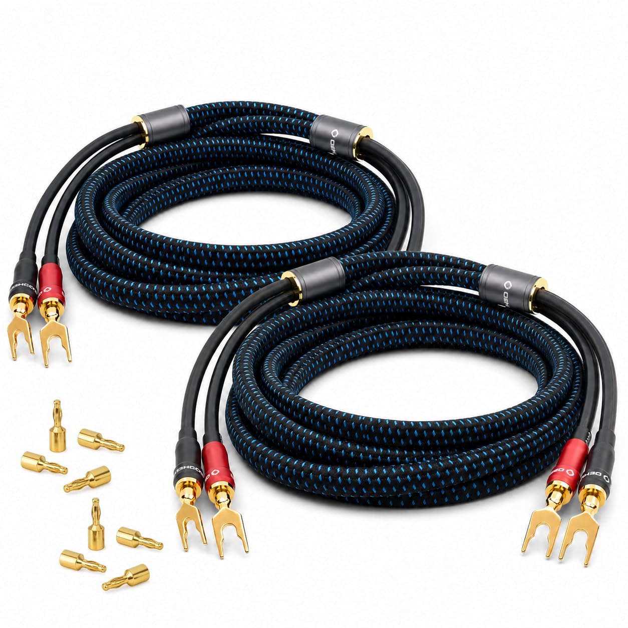 Oehlbach Transform Dual Plug - Lautsprecherkabel mit wechselbaren Bananen- und Kabelschuhsteckern - OFC-Kupfer 300W Leistung, hervorragender Leitfähigkeit, flexiblen Anschlüssen, 24ct vergoldet - 2x5m