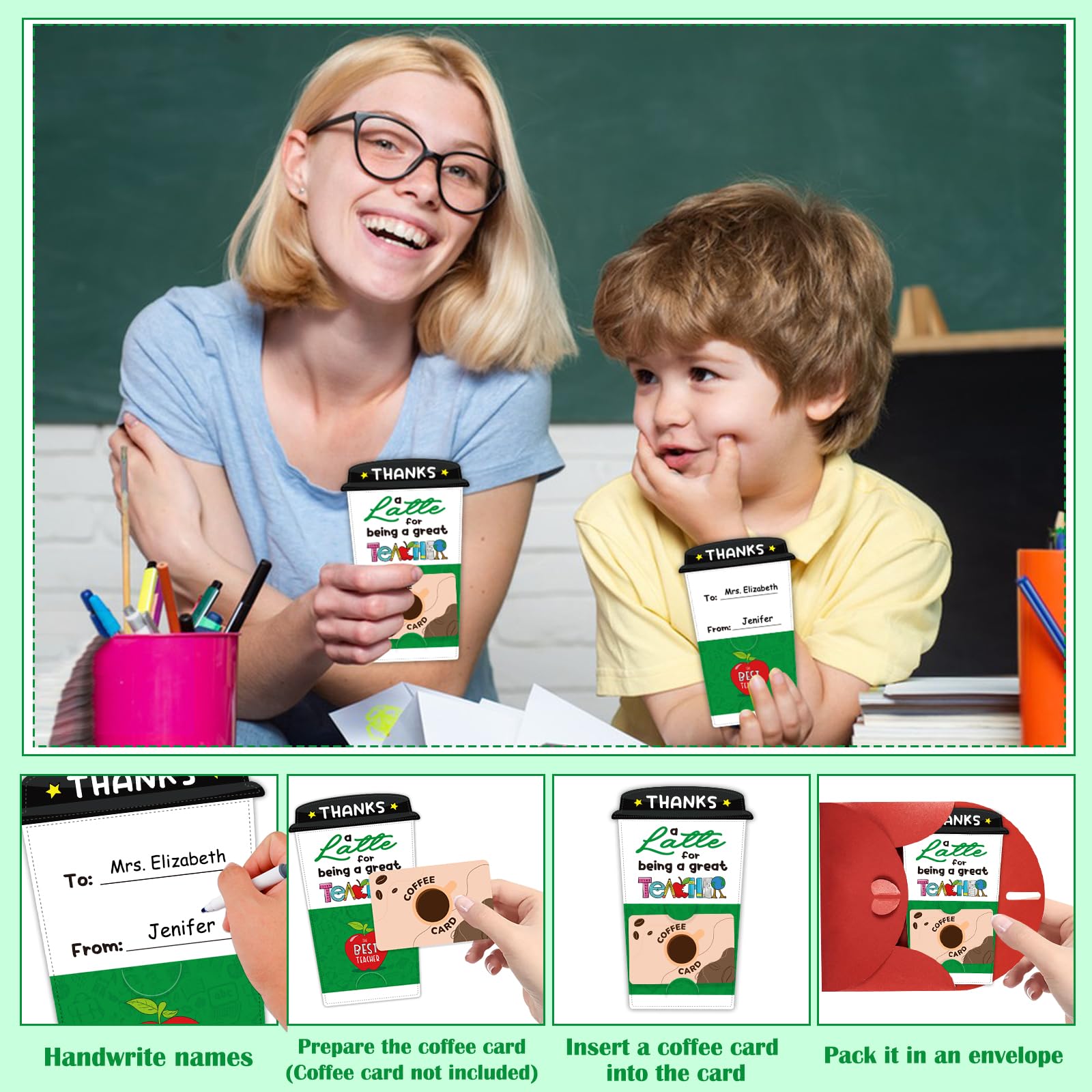 FLYAB Teacher Appreciation Gift Card - 4 Set Teacher Coffee Gift Card Holders with Envelopes Thank You Gifts Holders End of School Year Gifts for Teachers from Students Kids