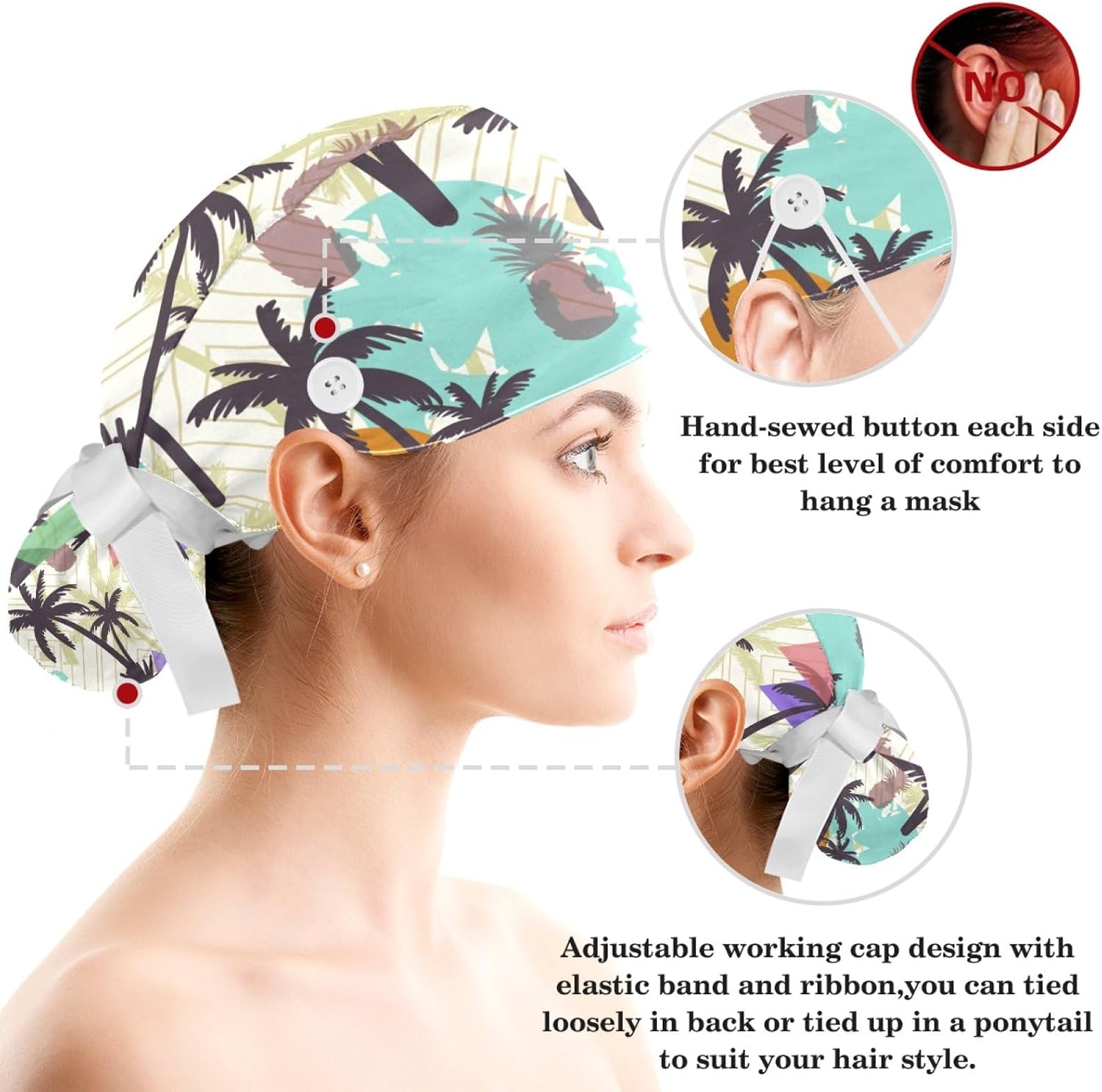 Adjustable Tropical Palm Silhouettes Purple Sunset Surgical Scrub Cap Sweatband for Women with Bow Hair Scrunchy