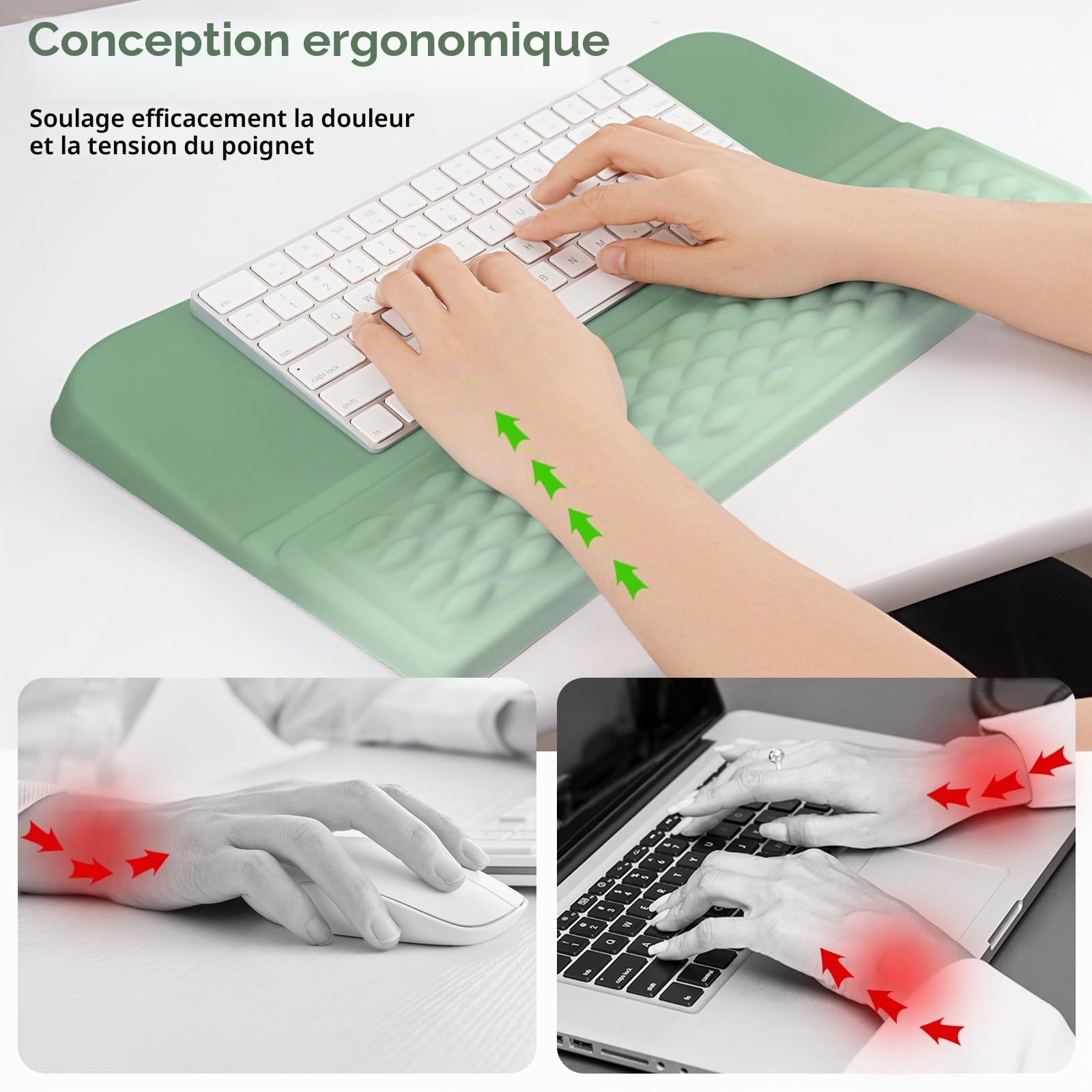MOSISO Support Clavier avec Repose-Poignets, Ergonomique avec Base Antidérapante Repose-poignet, Anti-Douleur & Facile à Taper, Mousse à Mémoire Massage, Pour Maison & Bureau,Menthe Verte