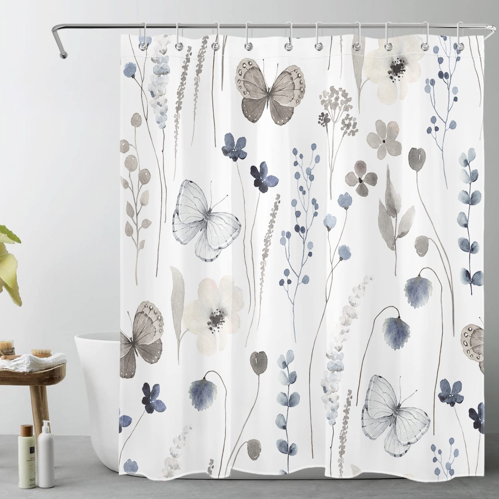 Rideau de douche floral motif papillon gris et eucalyptus 152 x 182 cm