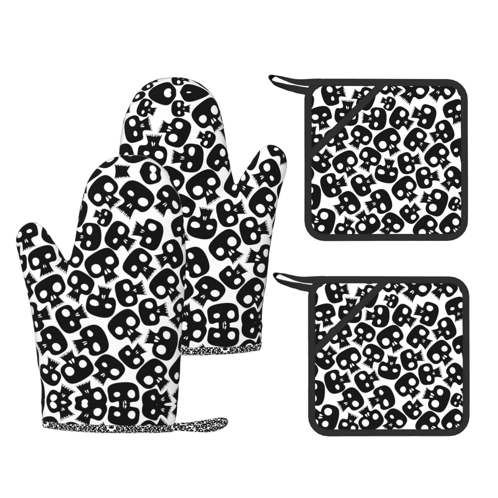 Eeprty Black Skulls Printed Kitchen Oven Gloves And Potholder 4 Pcs, Non-Slip Heat Resistant Mitts For Baking Chef