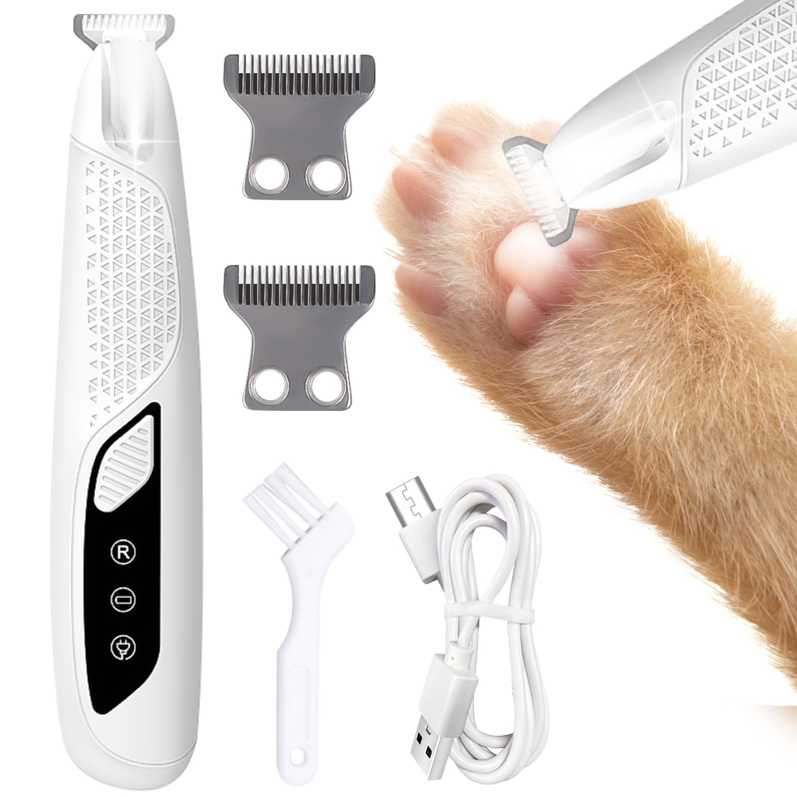 Recortadora de patas para perros y gatos con luz LED – Cortapelos silencioso para mascotas, recargable, resistente al agua, con 2 cabezales de afeitado para patas, cara y orejas de gatos, animales