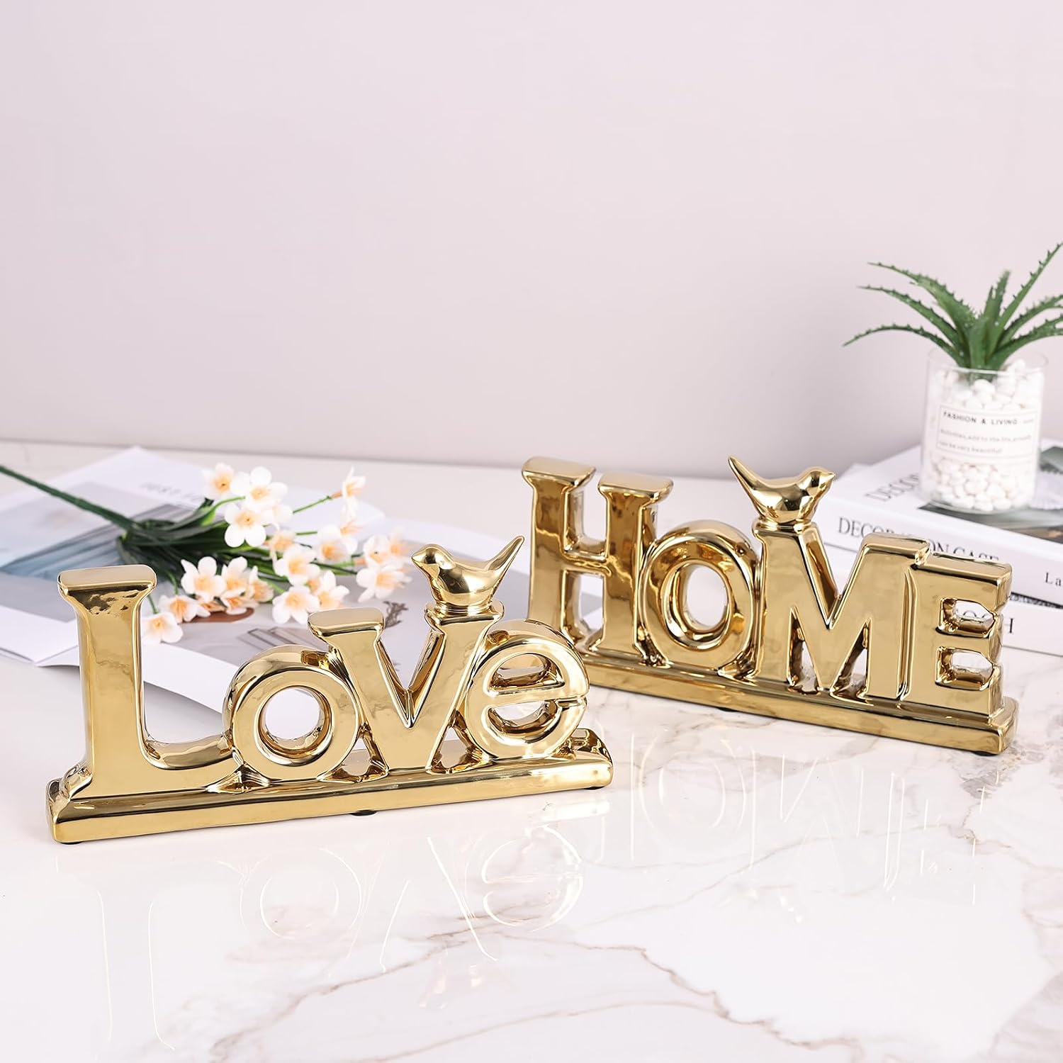 Love Sign Decor,Gold Room Decor Aesthetic, Knick Knack Shelf,Bird Decor, Boho Bookshelf,Abstract Statue,for Living Room,Bedroom, Contemporary Tv Stand Set of 2 (2, Gold)