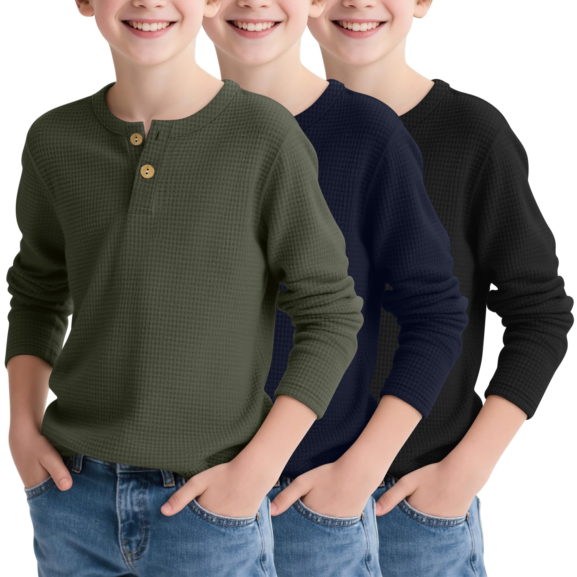 3-Pack Boys' Henley Waffle Thermal Long Sleeve Shirts (Ages 5-14)