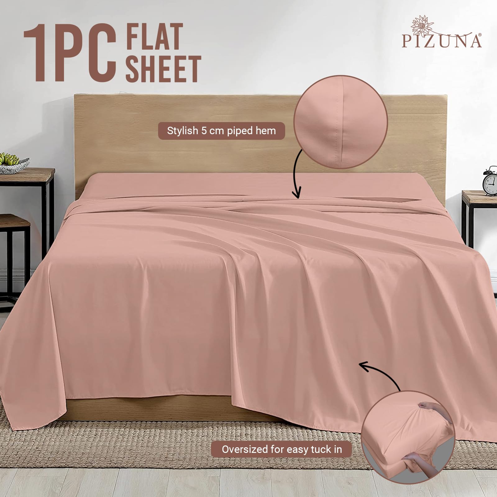 Pizuna 100% Cotton Super King Flat Sheet Misty Rose, 400 Thread Count Long Staple Cotton Flat Sheet Super King 300x280 cm - Image 3