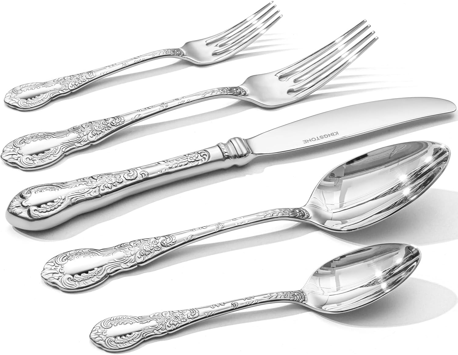 KINGSTONE Vintage Carved Silverware Set, 20-Piece 18/10 Stainless Steel Flatware Cutlery Set with Retro Royal Thick Handle, Tableware Utensils for Home, Restaurant, party, Wedding, Dishwasher Safe