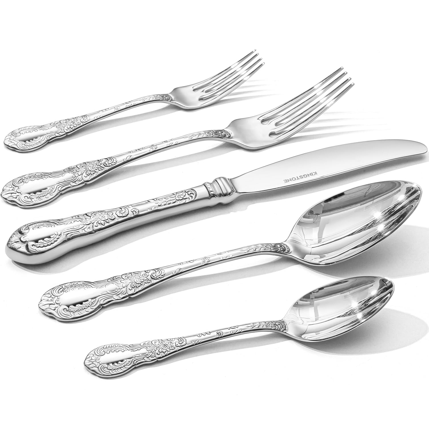 KINGSTONE Vintage Carved Silverware Set, 40-Piece 18/10 Stainless Steel Flatware Cutlery Set with Retro Royal Thick Handle, Tableware Utensils for Home, Restaurant, party, Wedding, Dishwasher Safe
