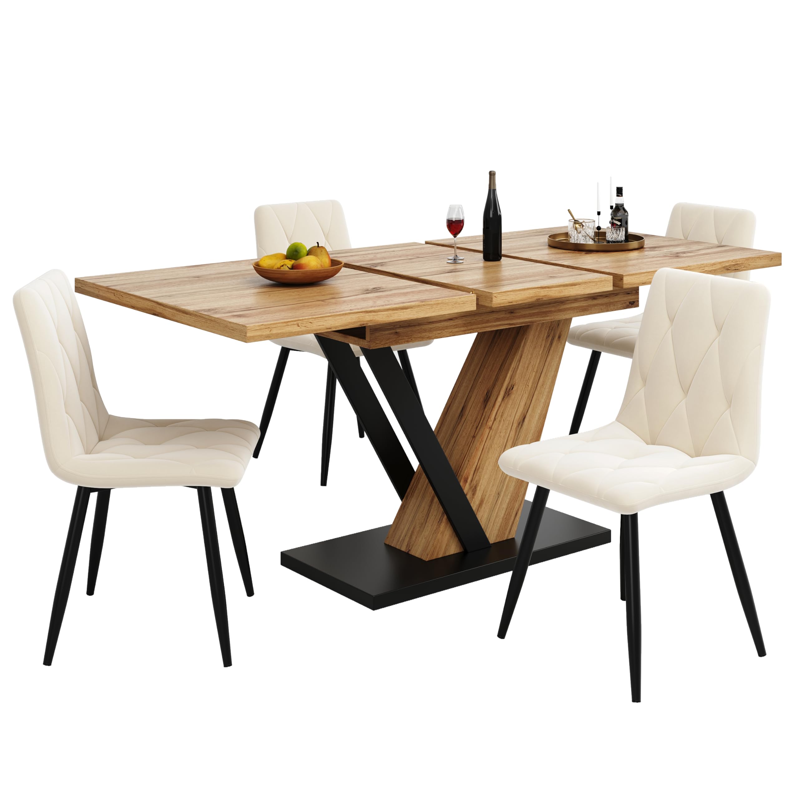 Tavolo da pranzo allungabile 120 (160) x 75 x 75,5 cm per 4-6 persone, tavolo da cucina salvaspazio con venature di legno, tavolo da pranzo MDF + metallo per piccoli appartamenti