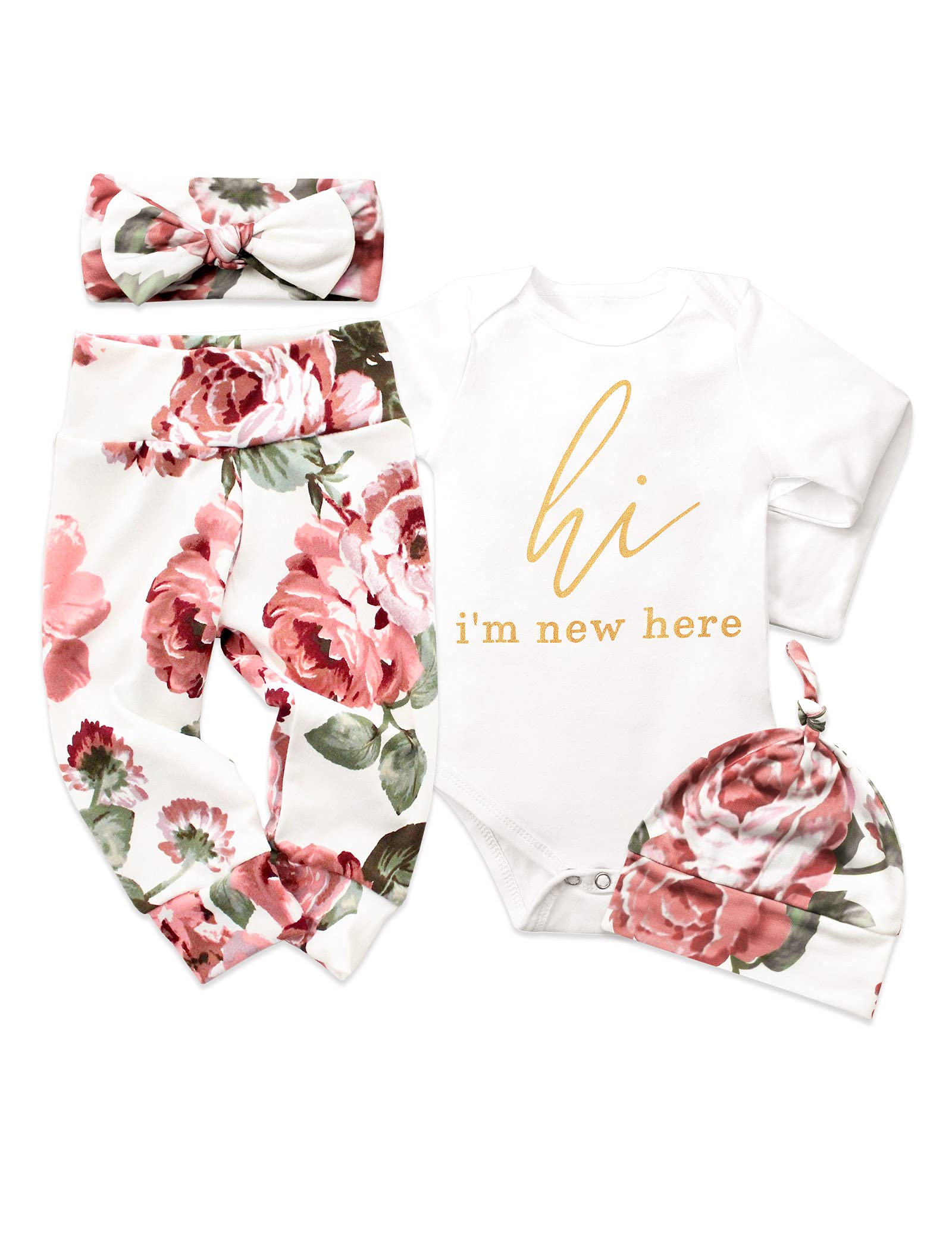 KANGKANGNewborn Baby Girl Clothes Hi I'm New Here Newborn Outfit Infant Romper Floral Pants Cute Baby Girl Outfits 4PC Set