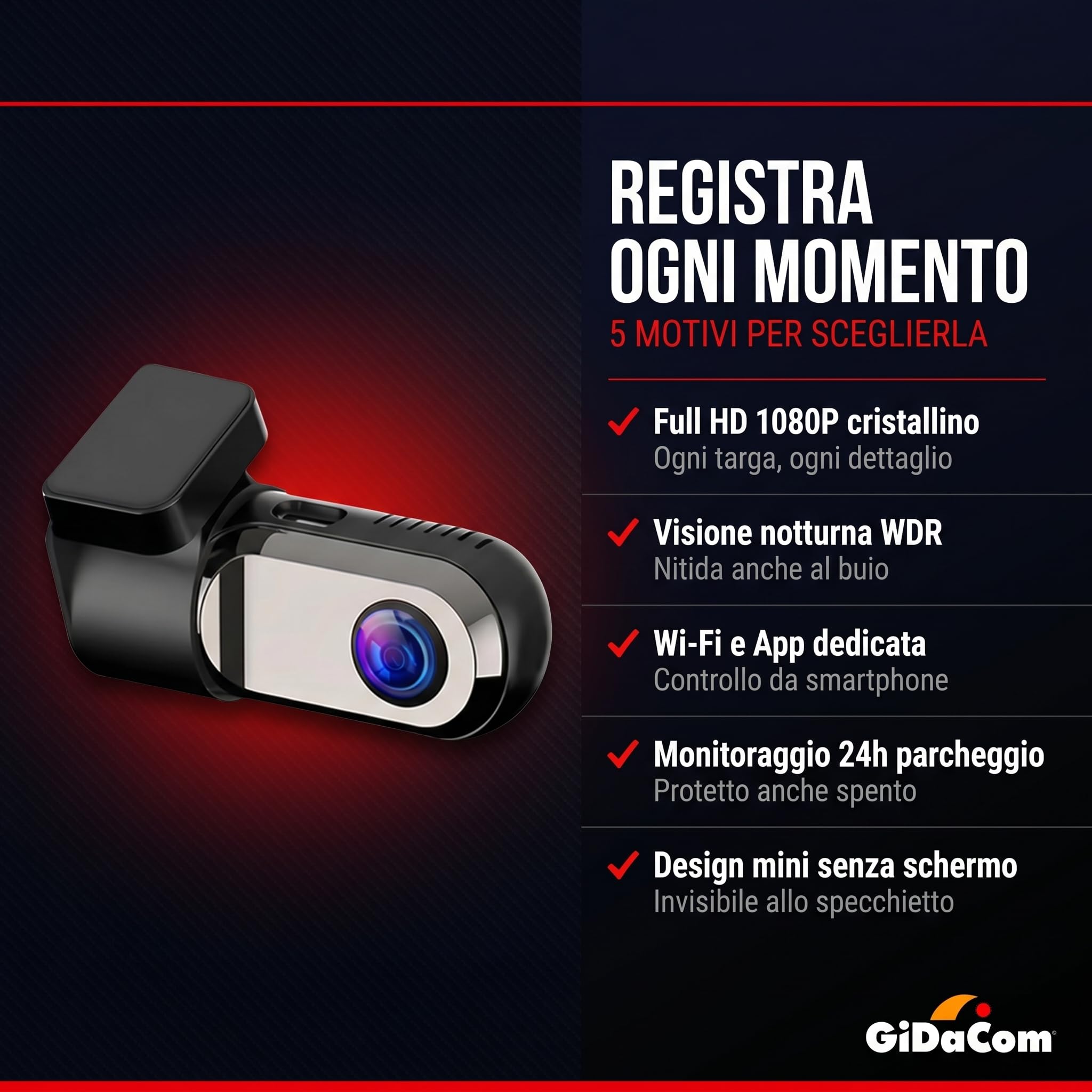 Dash Cam Auto mini Full HD 1080P – Videocamera Auto Grandangolare 120° con Visione Notturna, Monitoraggio Parcheggio 24h, Sensore G, Registrazione in Loop – Senza Schermo visione su cellulare