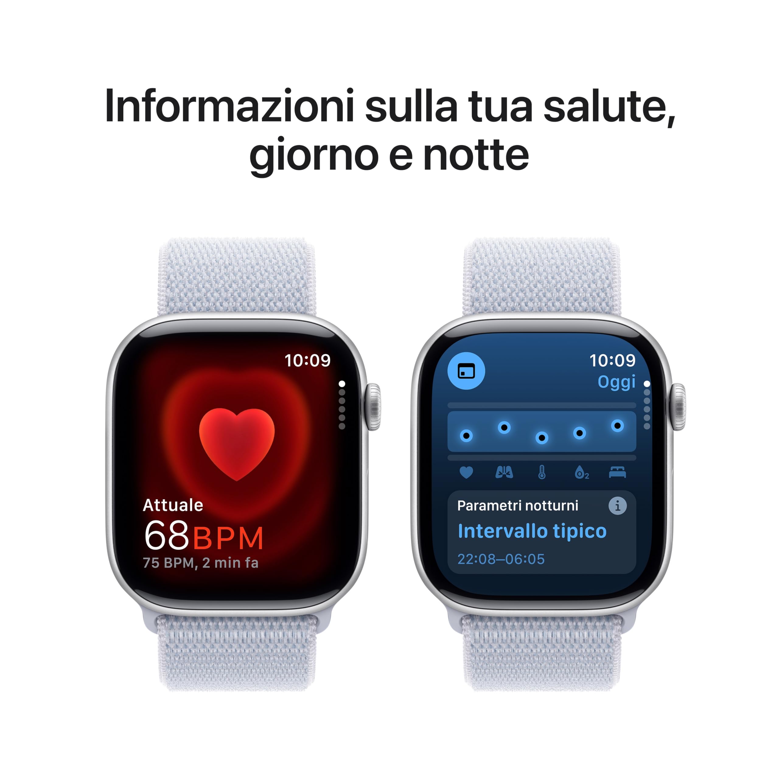 Apple Watch Series 10 GPS + Cellular 46 mm Smartwatch con cassa in alluminio Argento e Sport Loop Nuvola azzurra - One Size. Fitness tracker, app ECG, display Retina always-on, resistente all’acqua