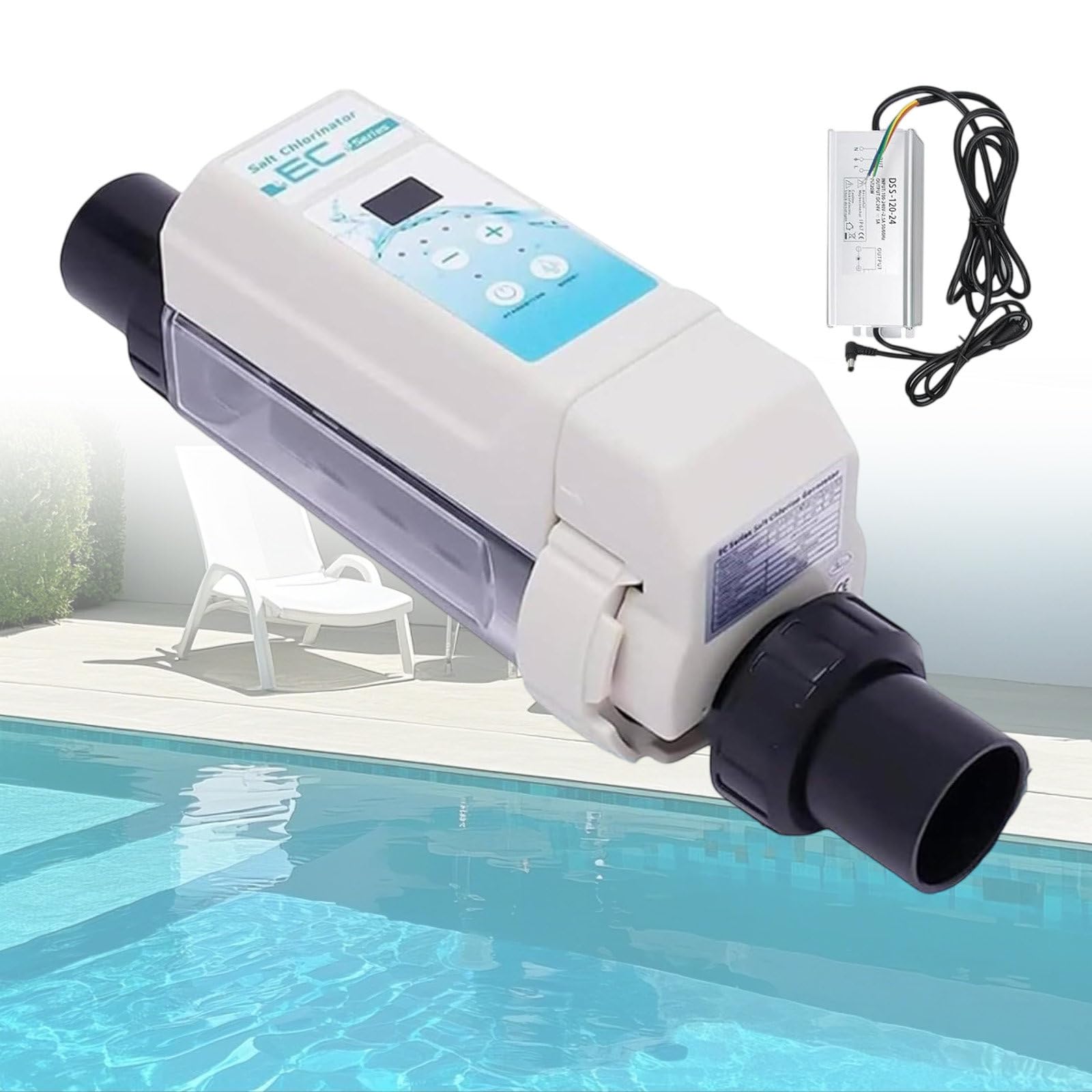 Generador de Cloro salino, con celda de Titanio, para Piscinas de hasta 35 m³/50 m³/68 m³/85 m³, Pantalla Digital y función de autolimpieza 8g/H≤35m³